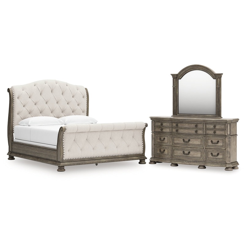 Ardenfield King Upholstered Sleigh Bed with Mirrored Dresser