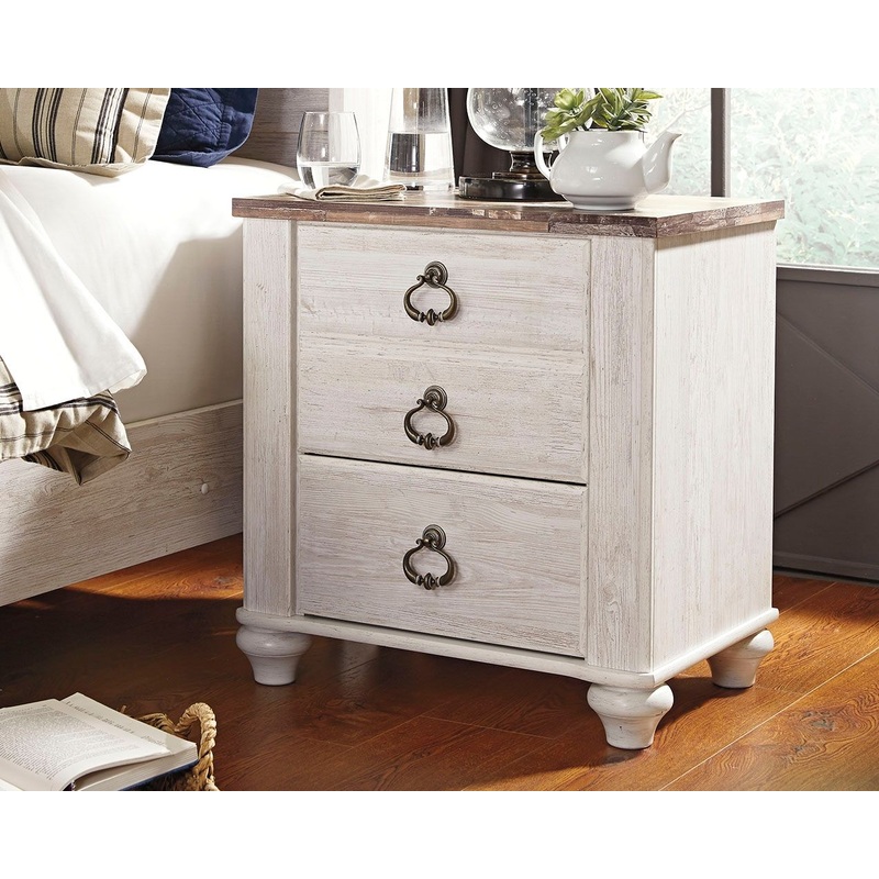 Willowton – Two Drawer Night Stand – Brown / Beige / White