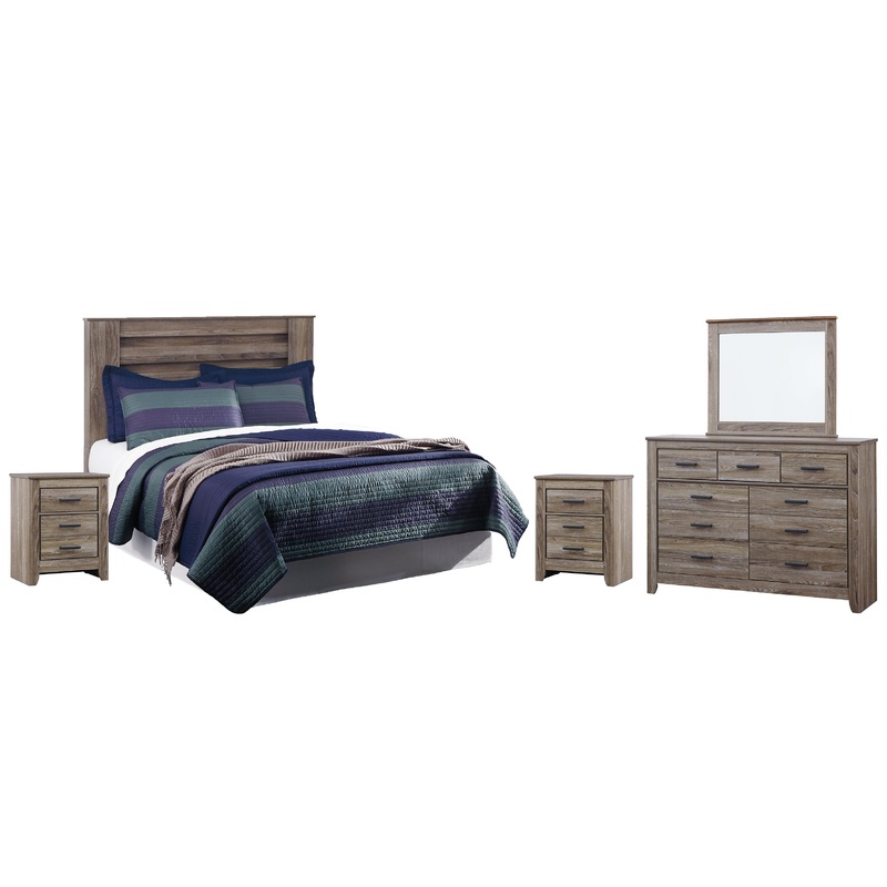 Zelen King/California King Panel Headboard Bed with Mirrored Dresser and 2 Nightstands