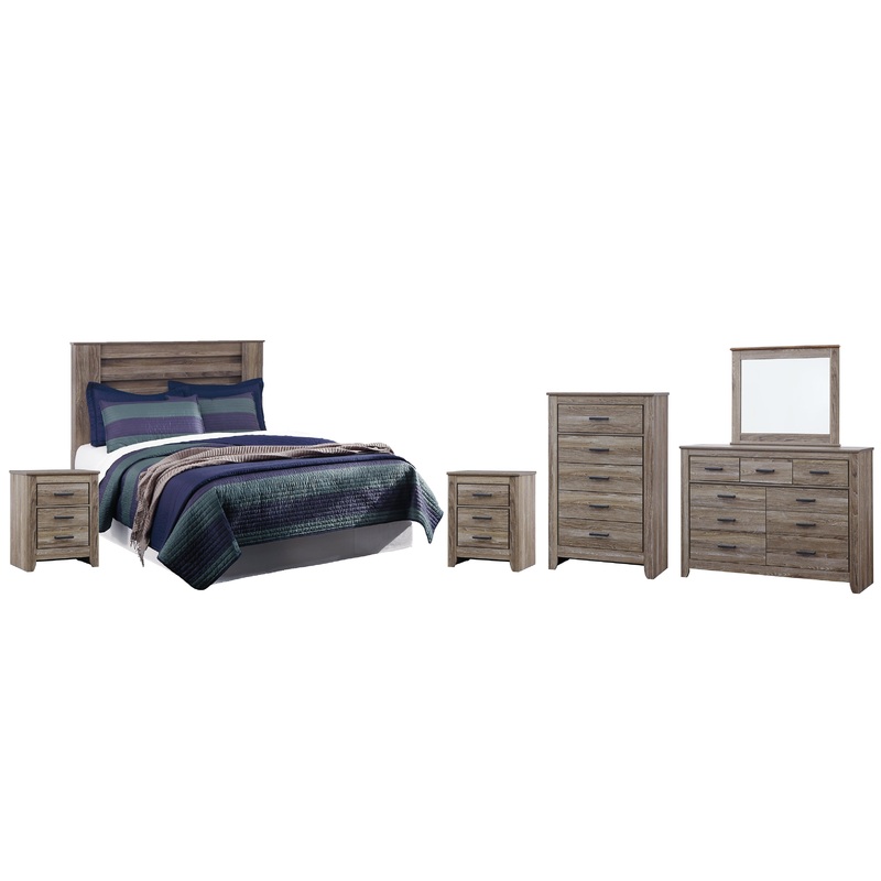 Zelen Queen/Full Panel Headboard Bed with Mirrored Dresser, Chest and 2 Nightstands