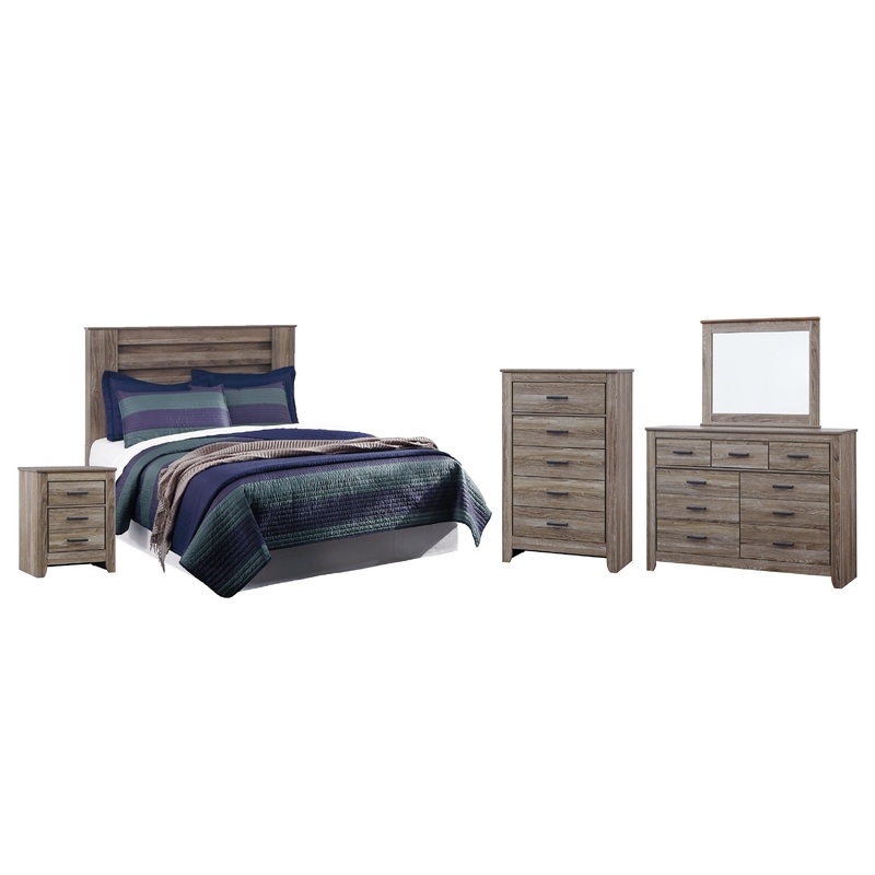 Zelen Queen/Full Panel Headboard Bed with Mirrored Dresser, Chest and Nightstand