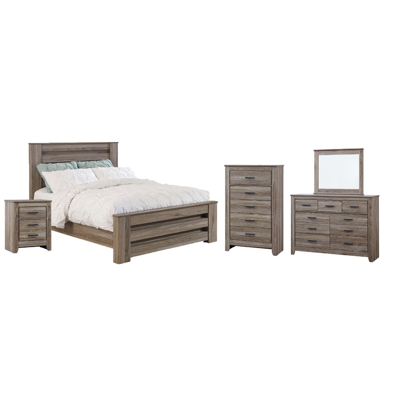 Zelen Queen Panel Bed with Mirrored Dresser, Chest and Nightstand