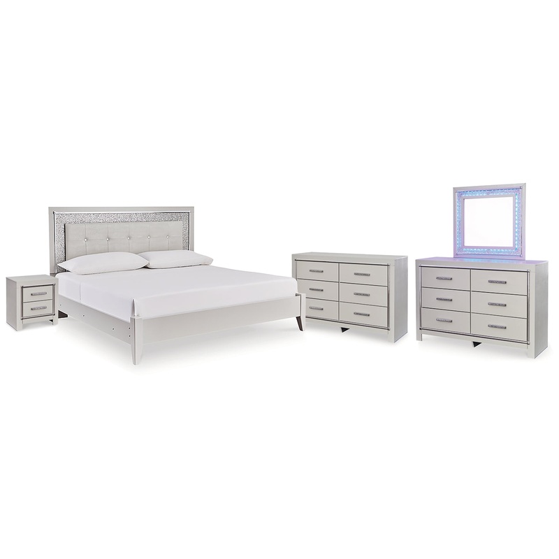 Zyniden Queen Upholstered Panel Bed, 2 Dressers, Mirror and Nightstand