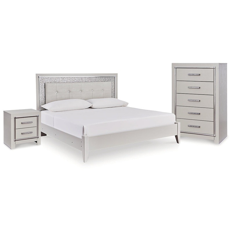 Zyniden Queen Upholstered Panel Bed, Chest and Nightstand