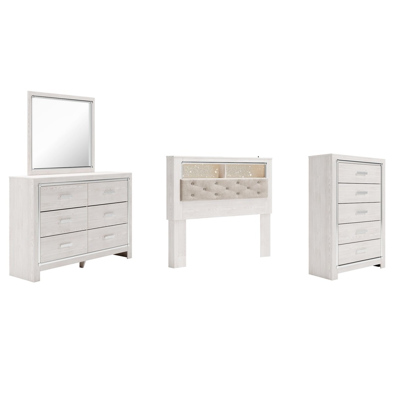 Altyra Queen Bookcase Headboard Bed with Mirrored Dresser and Chest