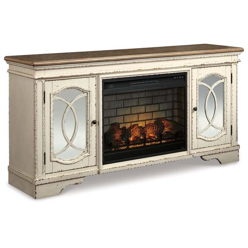 Realyn – 2 Pc. – 74 TV Stand with Electric Infrared Fireplace Insert – Chipped White