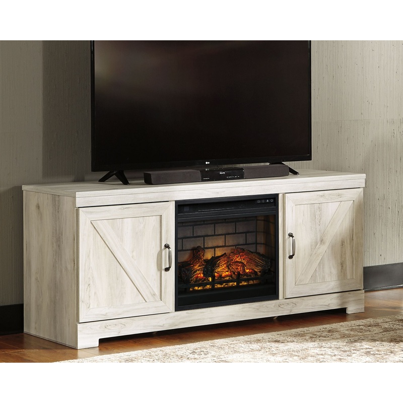 Bellaby – 63 TV Stand With Faux Firebrick Fireplace Insert – Whitewash