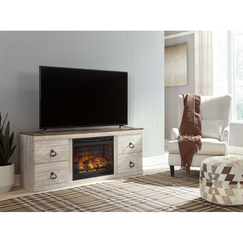Willowton – 2 Pc. – TV Stand with Faux Firebrick Fireplace Insert – Whitewash