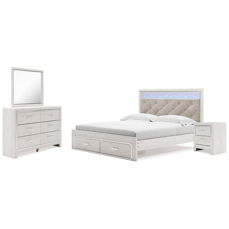Altyra King Upholstered Storage Bed with Mirrored Dresser and Nightstand