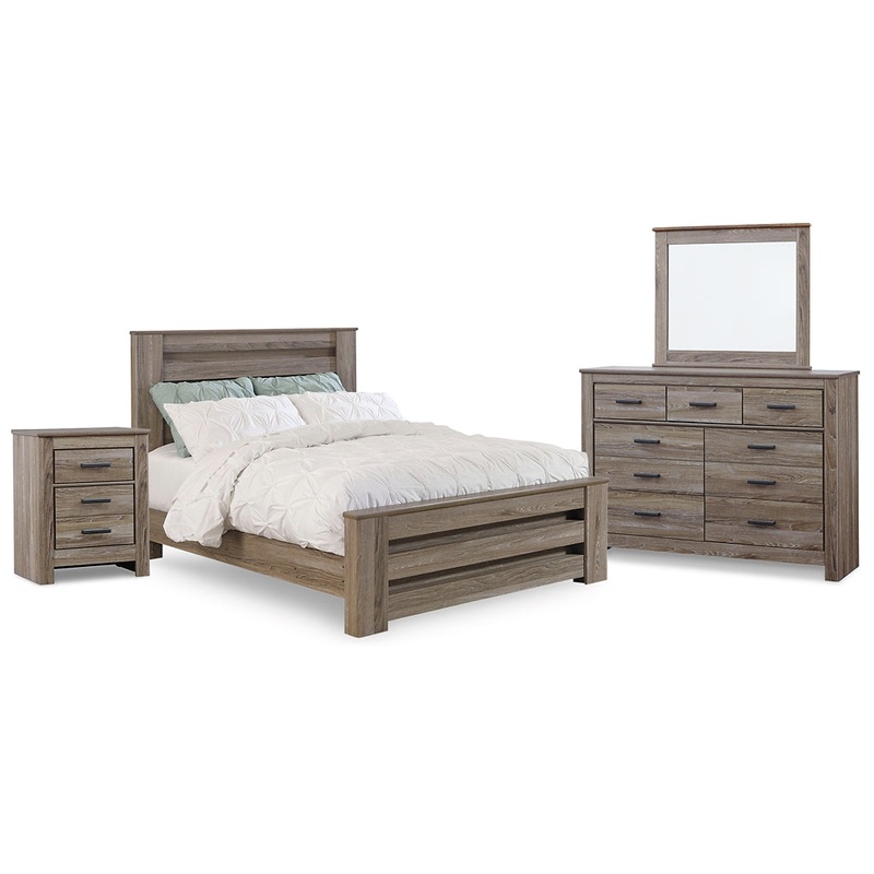 Zelen Queen Panel Bed with Mirrored Dresser and Nightstand
