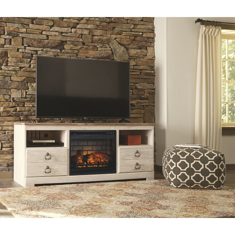 Willowton – 2 Pc. – 64 TV Stand with Faux Firebrick Fireplace Insert – Whitewash