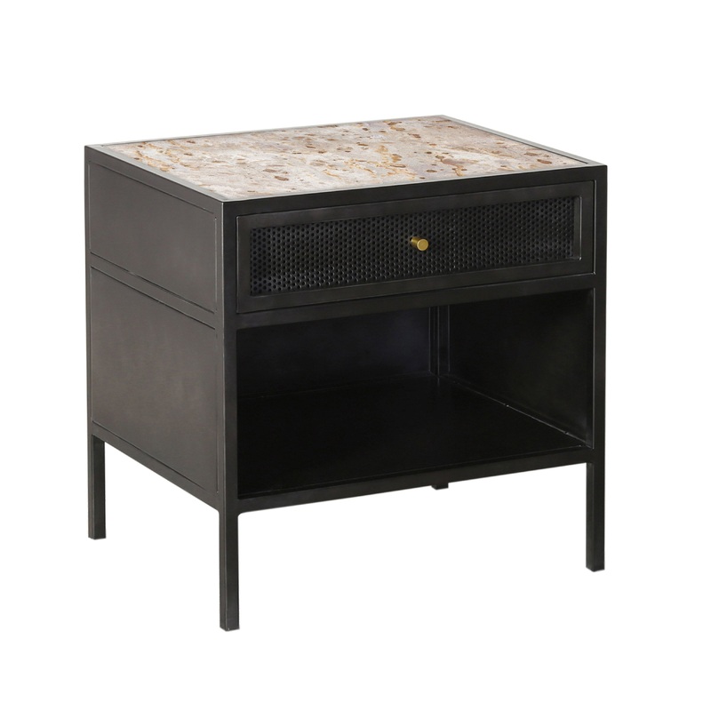Alaina White Marble, Antique Black Finish with Brass Hardware Nightstand