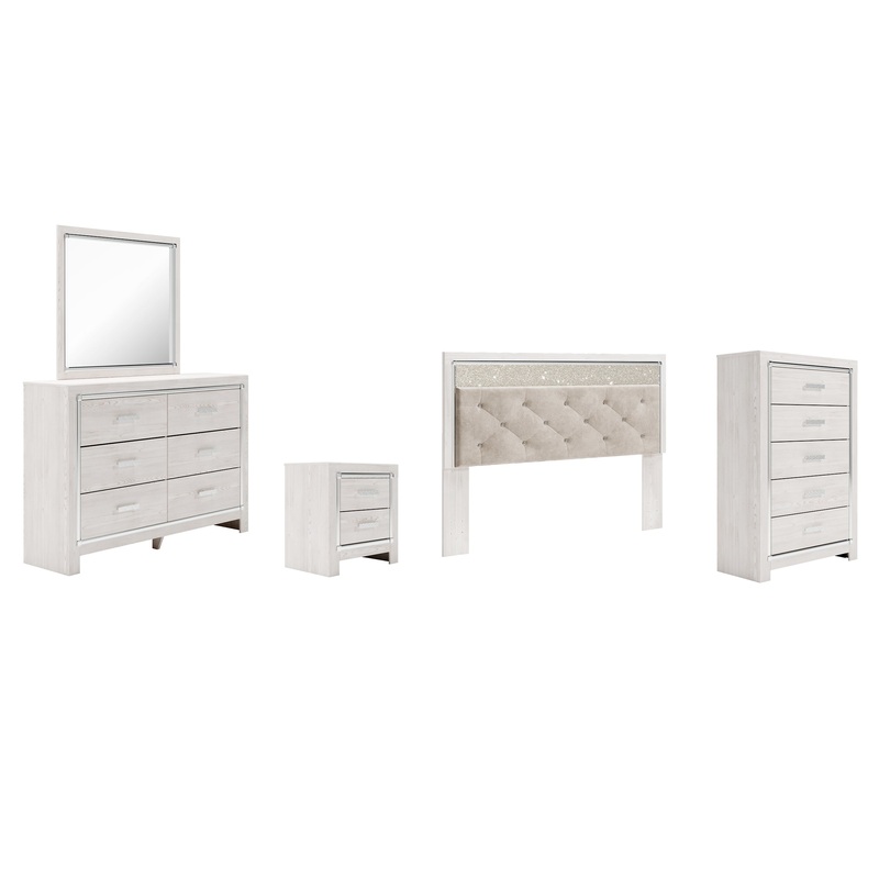 Altyra King Panel Headboard Bed with Mirrored Dresser, Chest and Nightstand
