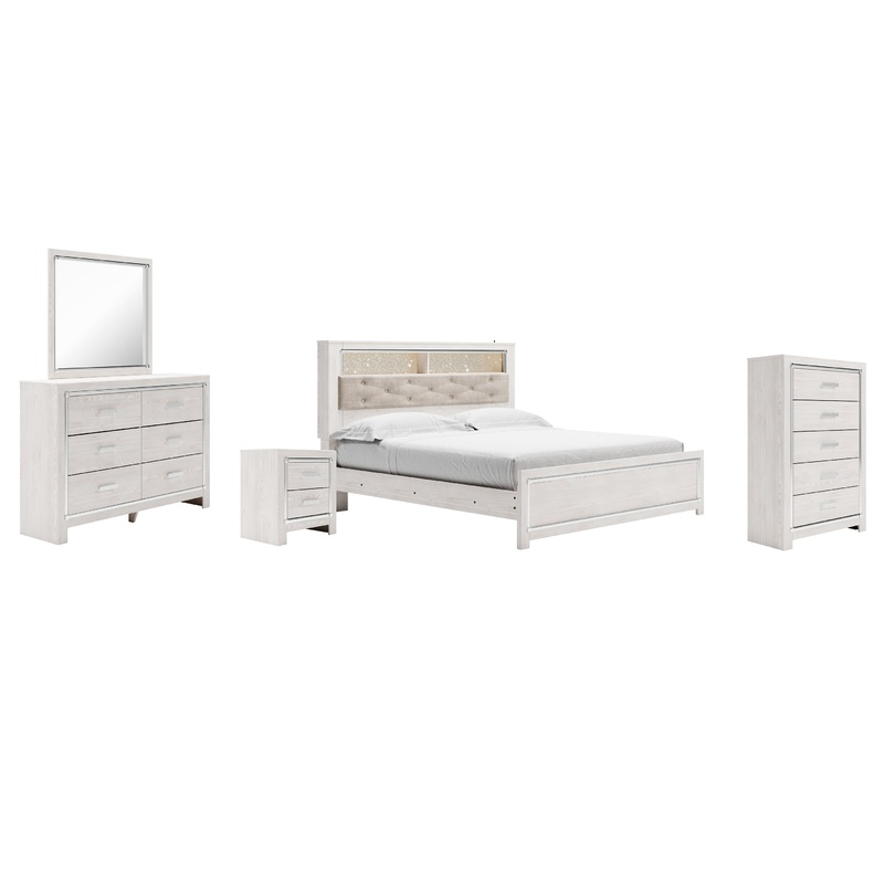 Altyra King Panel Bookcase Bed with Mirrored Dresser, Chest and Nightstand