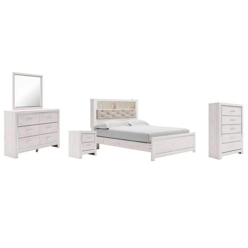 Altyra Queen Panel Bookcase Bed with Mirrored Dresser, Chest and Nightstand