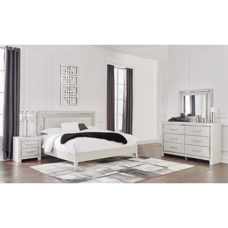 Zyniden King Upholstered Panel Bed, Dresser, Mirror and Nightstand
