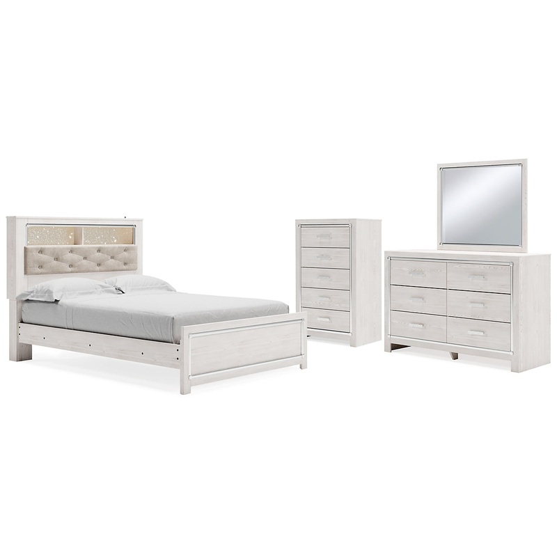 Altyra Queen Panel Bookcase Bed with Mirrored Dresser and Chest