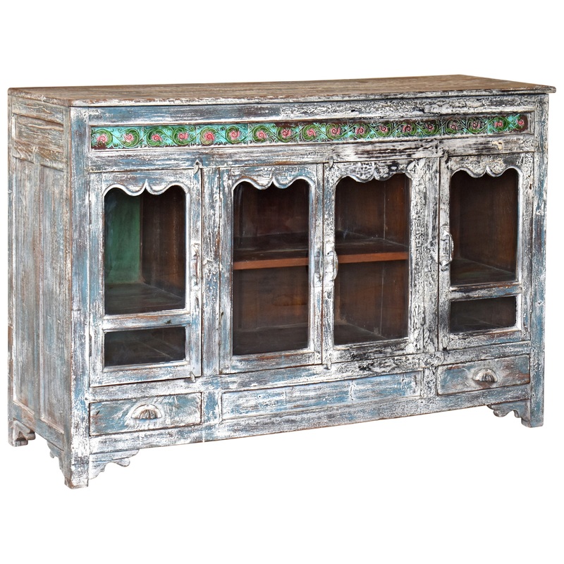 Wooden Old World Distressed Painted Finish Glass Old Sideboard