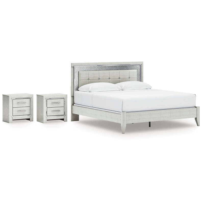 Zyniden King Upholstered Panel Bed with 2 Nightstands