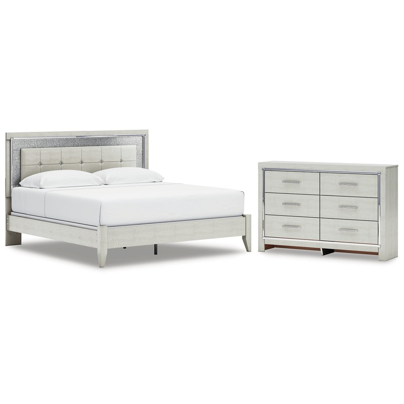 Zyniden King Upholstered Panel Bed with Dresser
