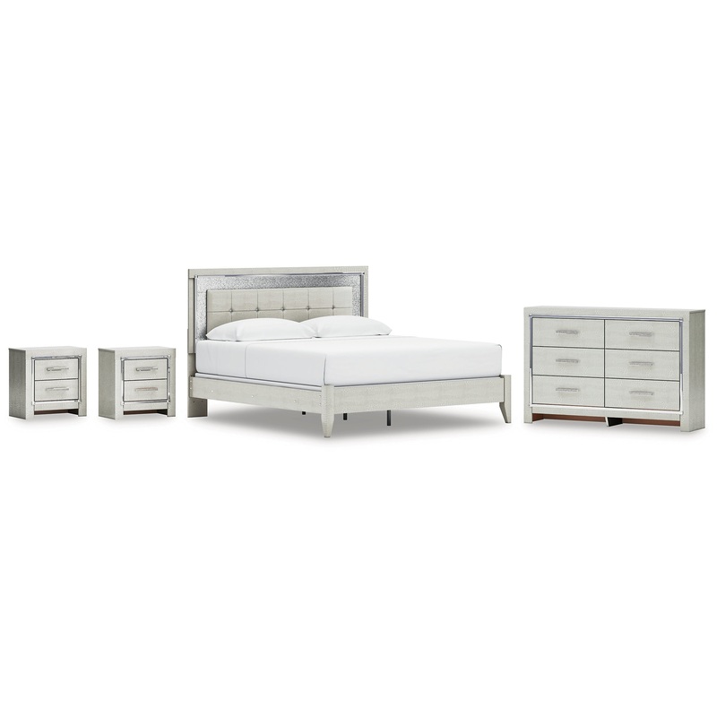 Zyniden King Upholstered Panel Bed with Dresser and 2 Nightstands