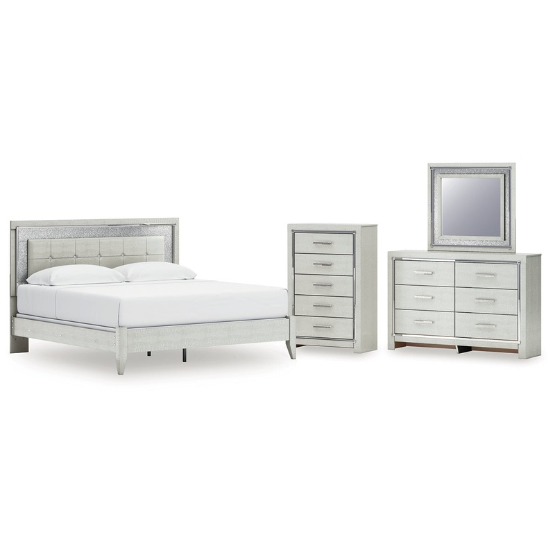 Zyniden King Upholstered Panel Bed with Mirrored Dresser and Chest