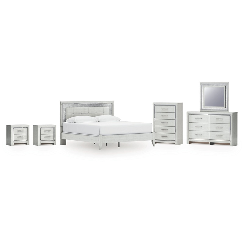 Zyniden King Upholstered Panel Bed with Mirrored Dresser, Chest and 2 Nightstands