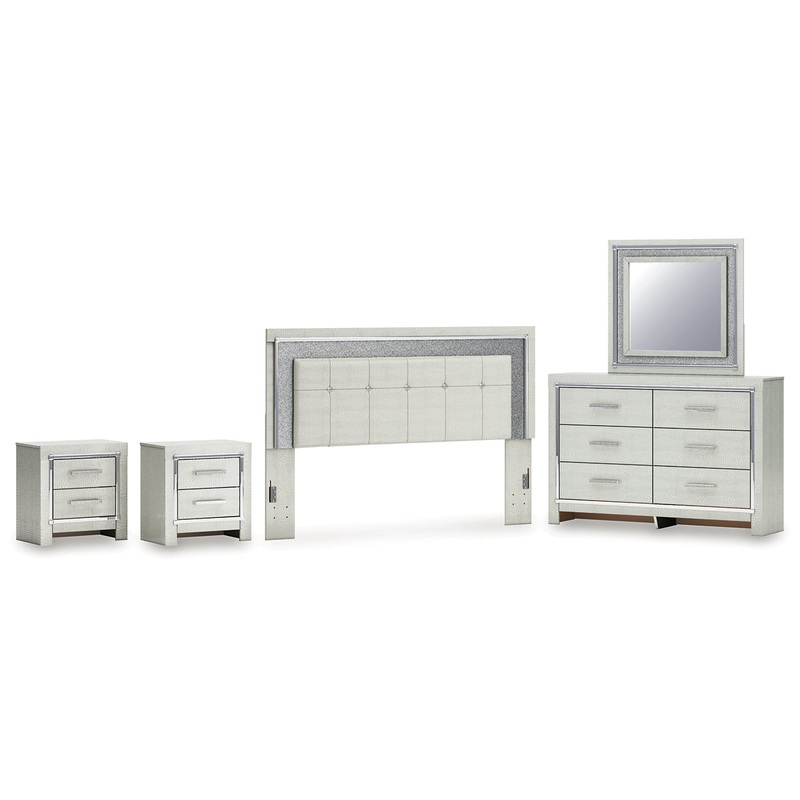 Zyniden King Upholstered Panel Headboard with Mirrored Dresser and 2 Nightstands