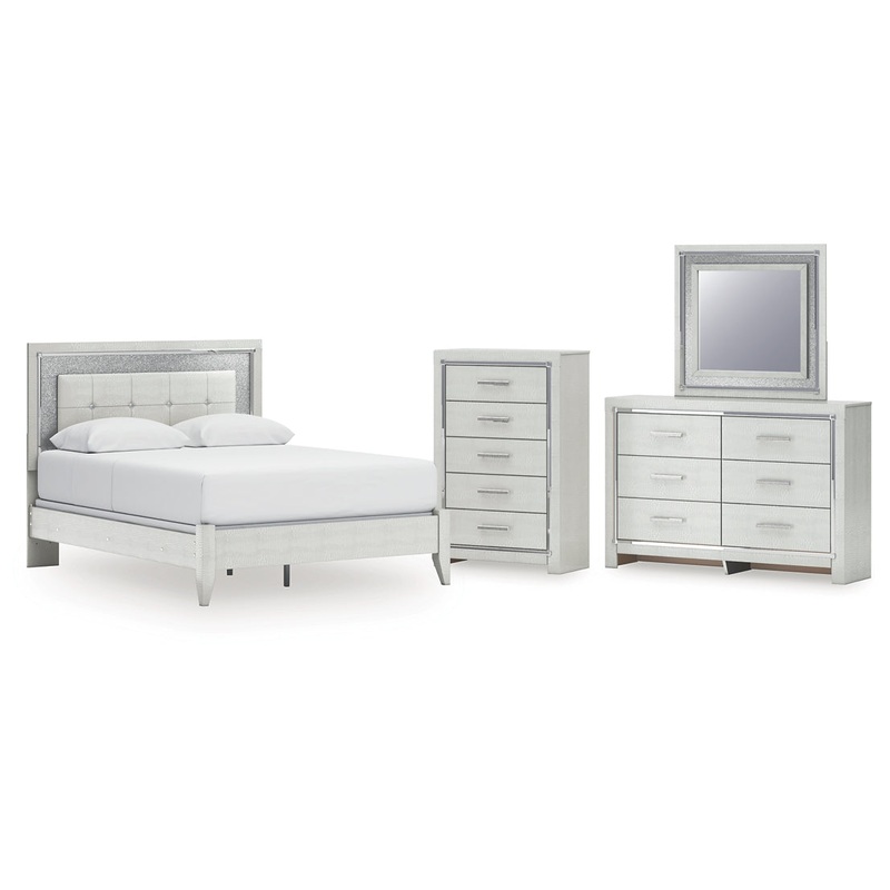 Zyniden Queen Upholstered Panel Bed with Mirrored Dresser and Chest