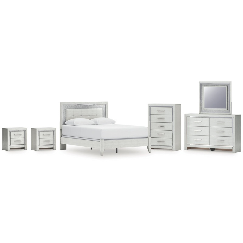 Zyniden Queen Upholstered Panel Bed with Mirrored Dresser, Chest and 2 Nightstands