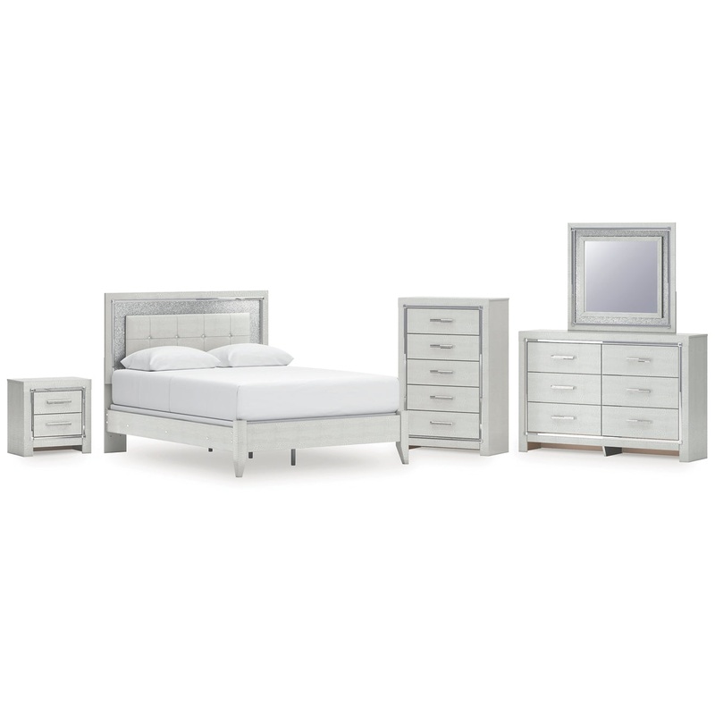 Zyniden Queen Upholstered Panel Bed with Mirrored Dresser, Chest and Nightstand