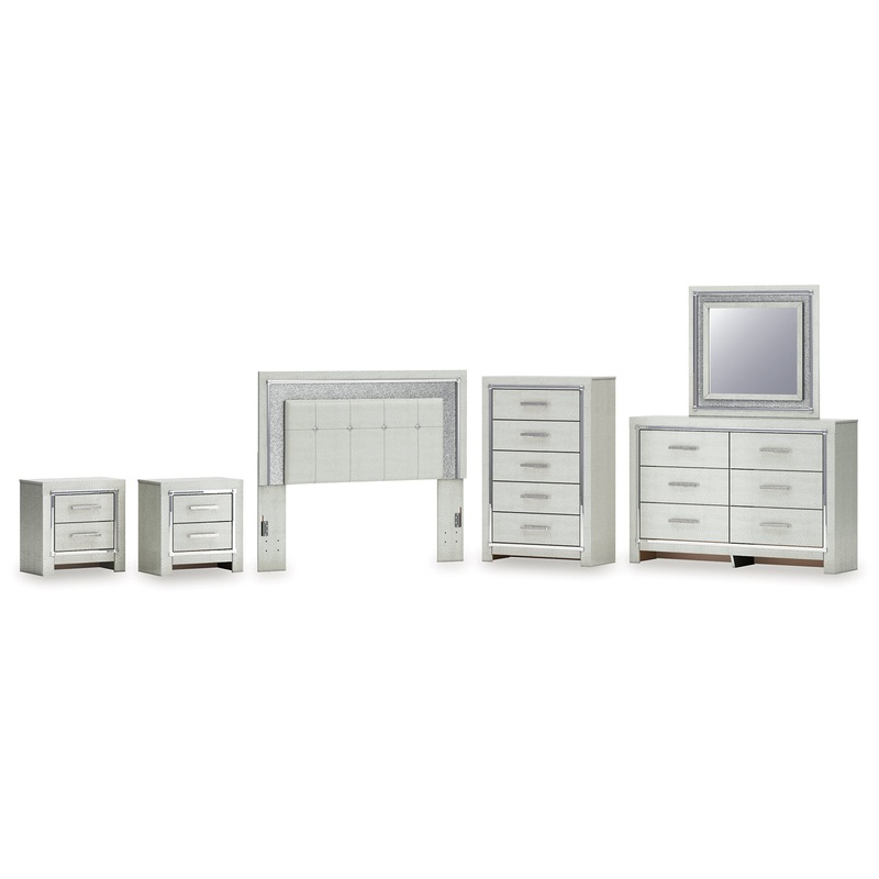 Zyniden Queen Upholstered Panel Headboard with Mirrored Dresser, Chest and 2 Nightstands