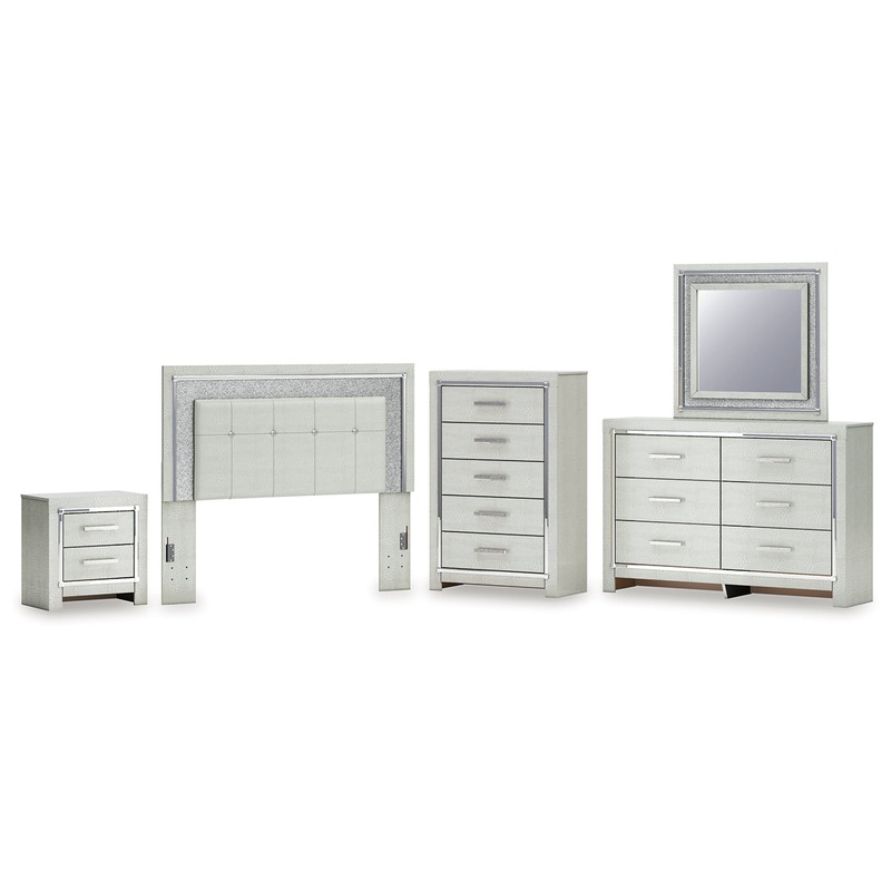 Zyniden Queen Upholstered Panel Headboard with Mirrored Dresser, Chest and Nightstand