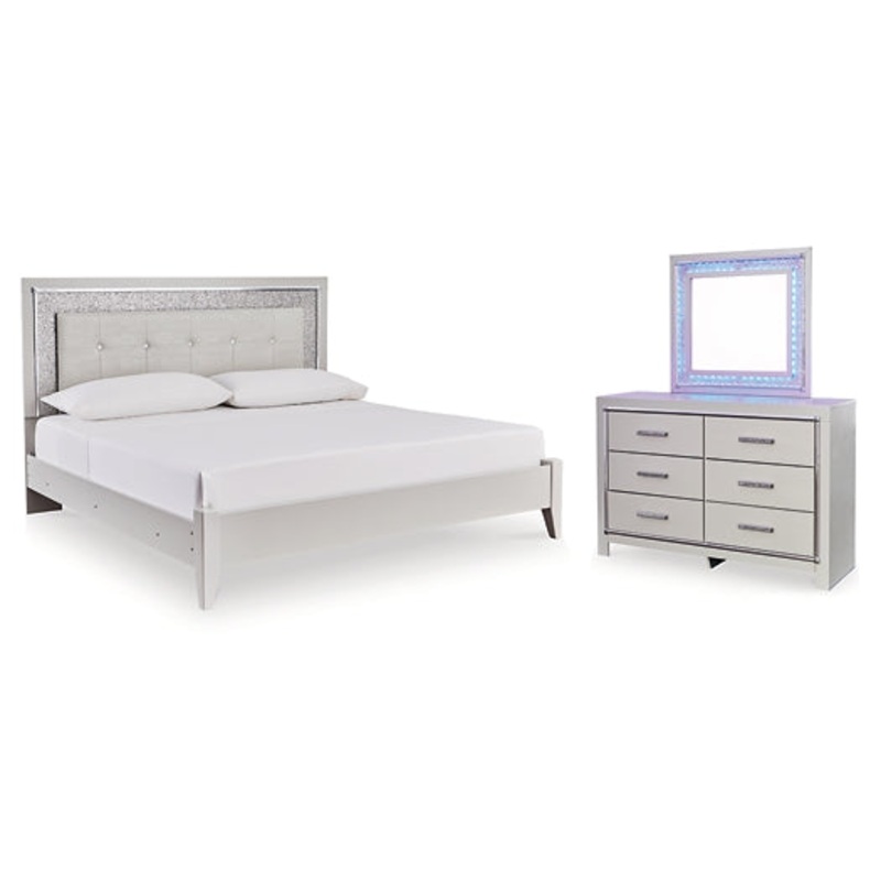 Zyniden Queen Upholstered Panel Bed, Dresser and Mirror