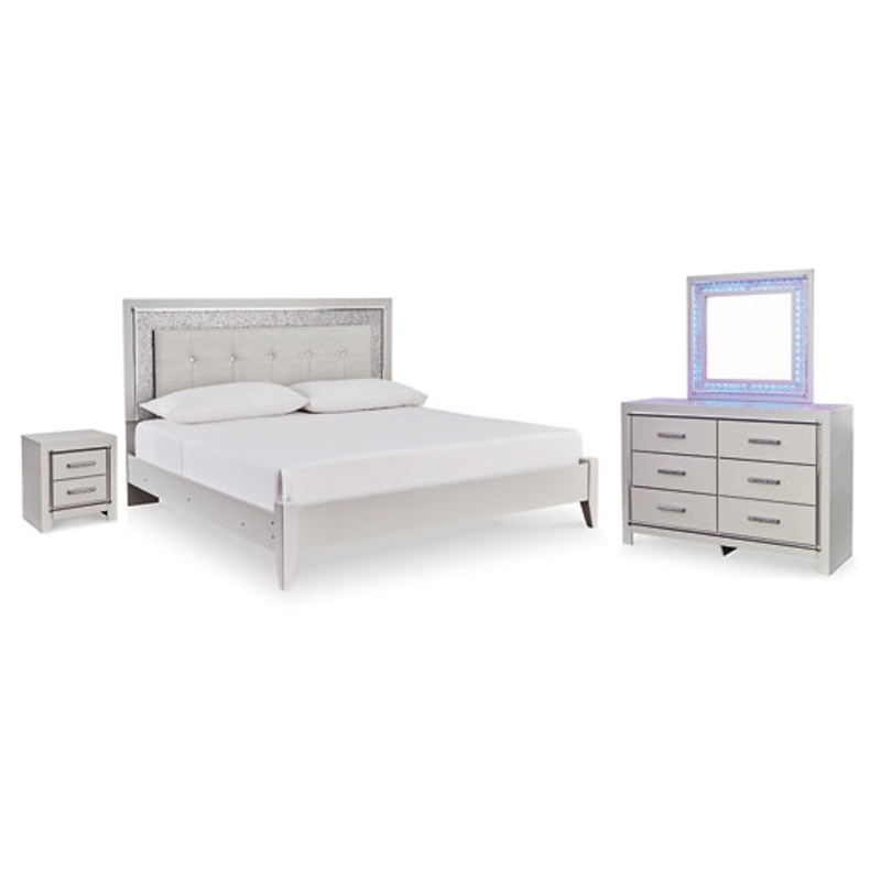 Zyniden Queen Upholstered Panel Bed, Dresser, Mirror and Nightstand