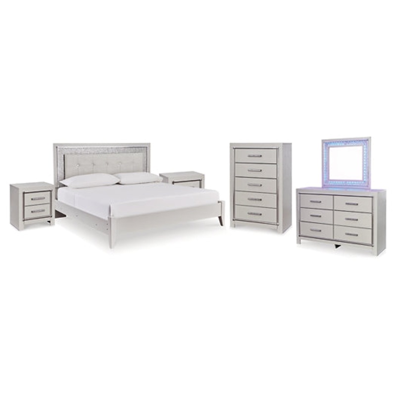 Zyniden Queen Upholstered Panel Bed, Dresser, Mirror, Chest and 2 Nightstands