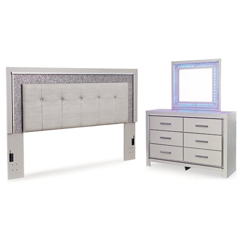 Zyniden Queen Upholstered Panel Headboard, Dresser and Mirror