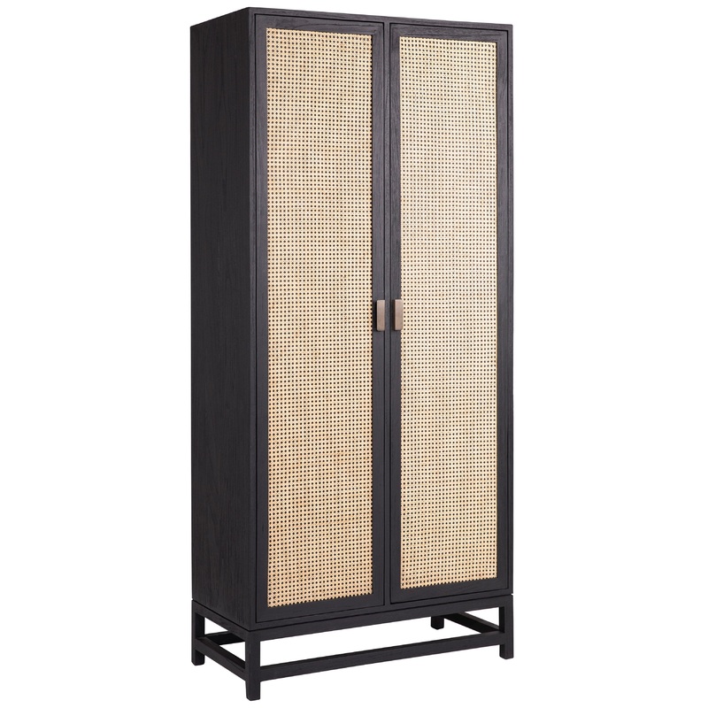 Royette Antique Black Frame with Natural Rattan Door Panels Cabinet