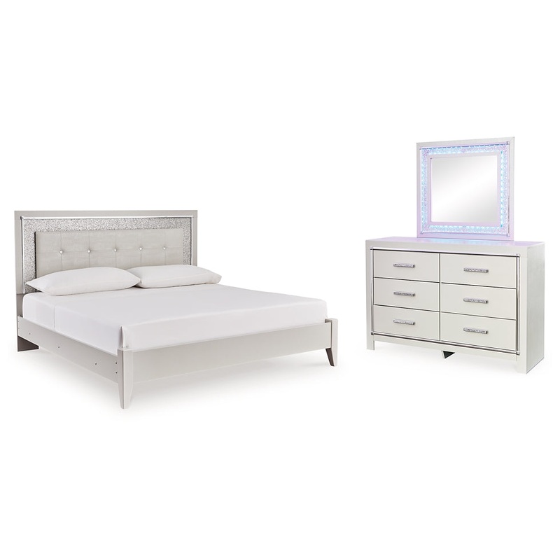 Zyniden King Upholstered Panel Bed, Dresser and Mirror
