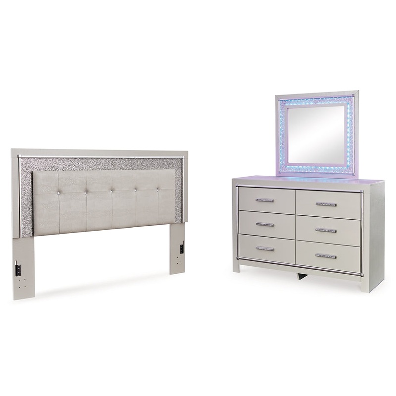 Zyniden King Upholstered Panel Headboard, Dresser and Mirror